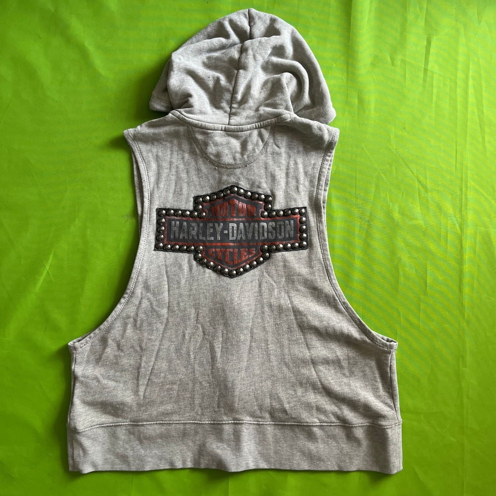 Harley-Davidson Womens 2XL Gray Studded Logo Sleeveless Zip Up Hoodie Vest